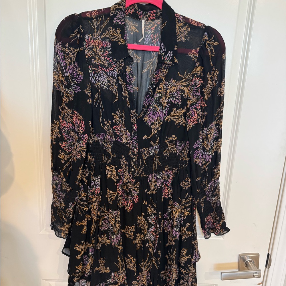 Free People Black and Tan V-Neck Sundress with Bishop Sleeves